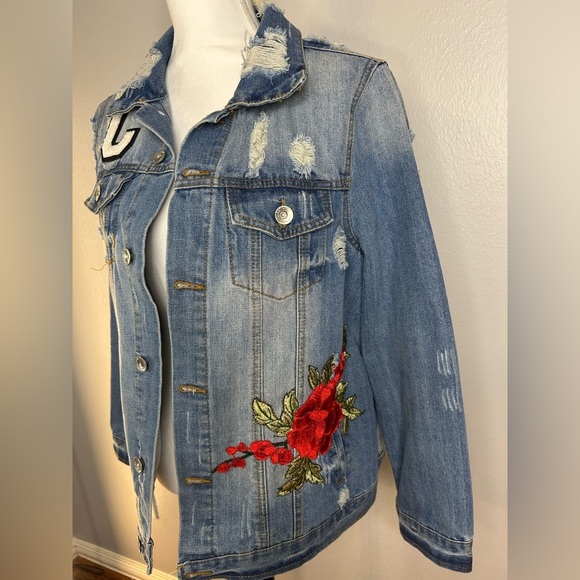 Cavalini Distressed Denim Jacket with Rose Embroidery – Size Medium - Picture 7 of 10